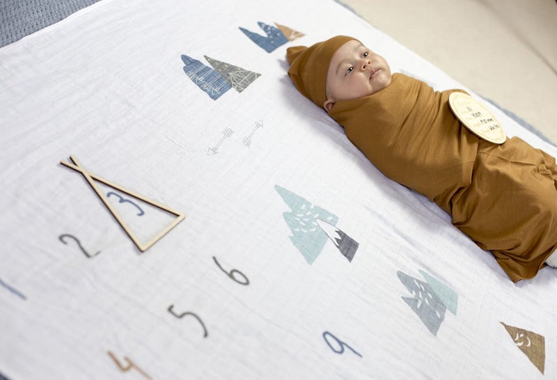 Miaoberry 100% Organic Cotton Muslin Monthly Baby Milestone Blanket with Wooden Hello World Newborn Sign, Newborn Photography Props, Birth Announcement Sign, Eucalyptus - Image 4